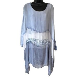 NT by Amati Blue White Ombre Tie Dye Style Print Tunic Blouse Top One Size Silk